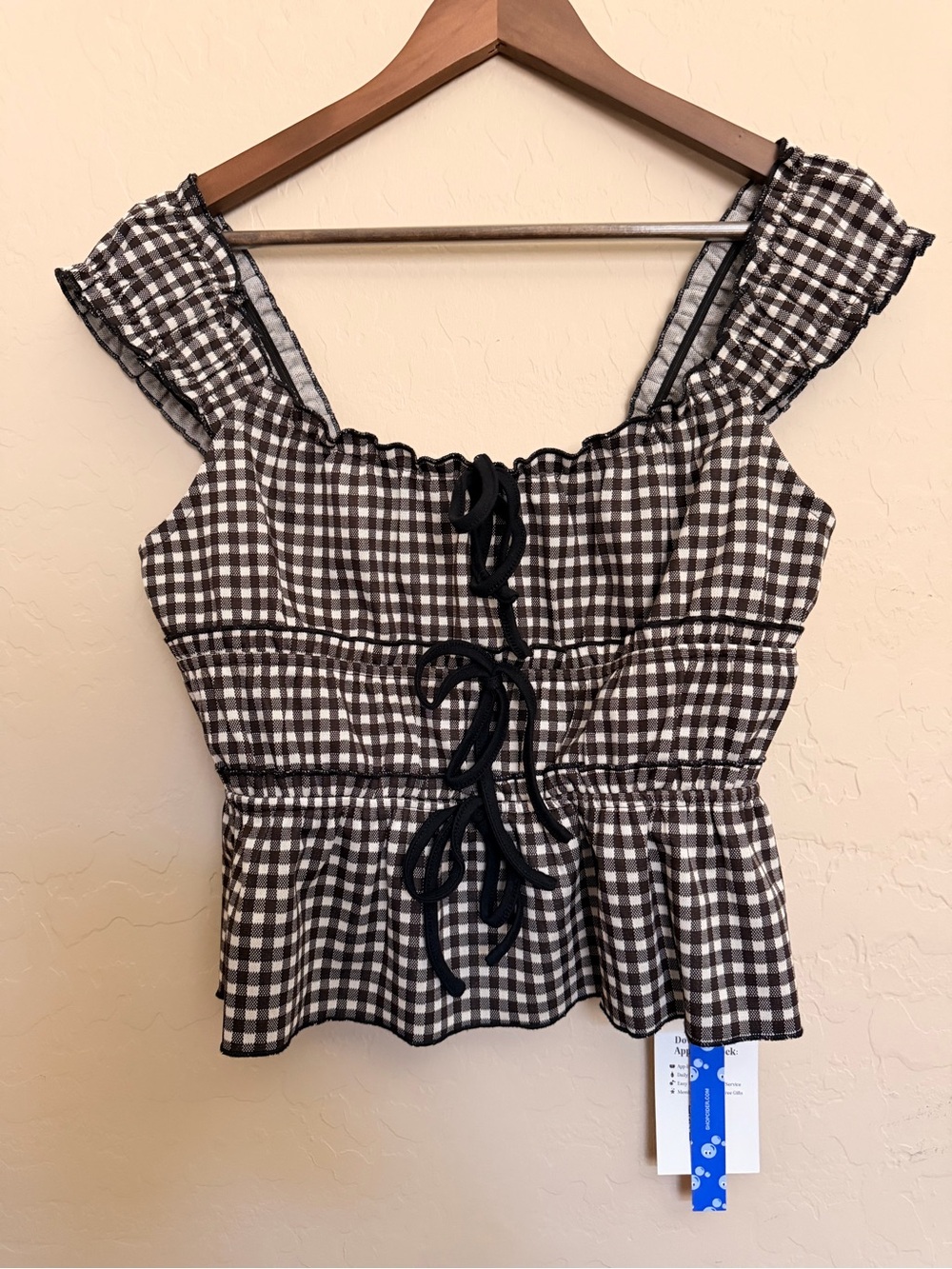 NWT Cider Brown & White Gingham Tie-Front Ruffle Crop Top